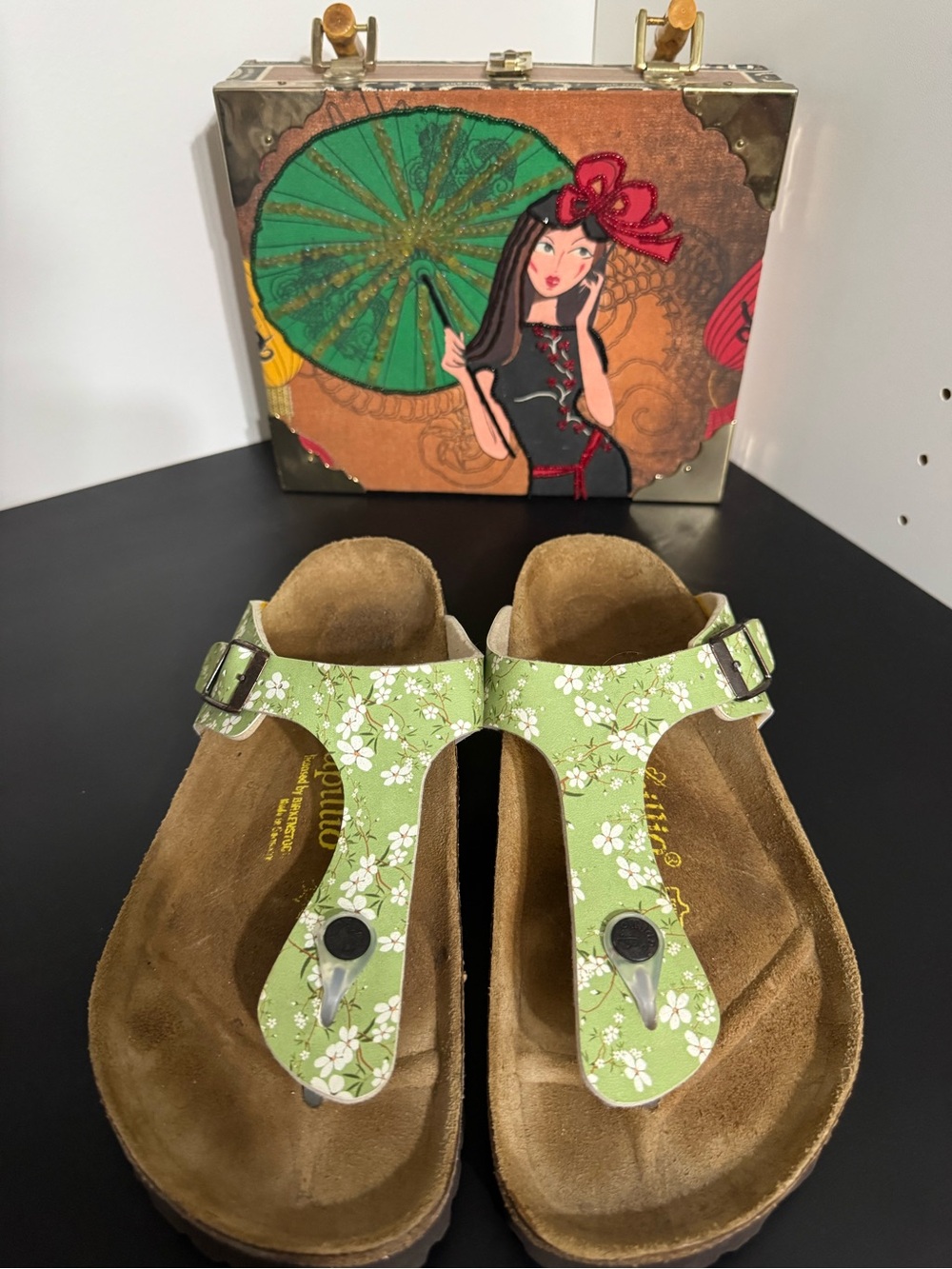 Birkenstocks  Green Floral Thong Sandals